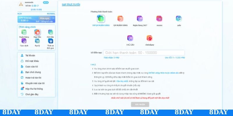 Hướng dẫn nạp tiền 8DAY nhanh nhất